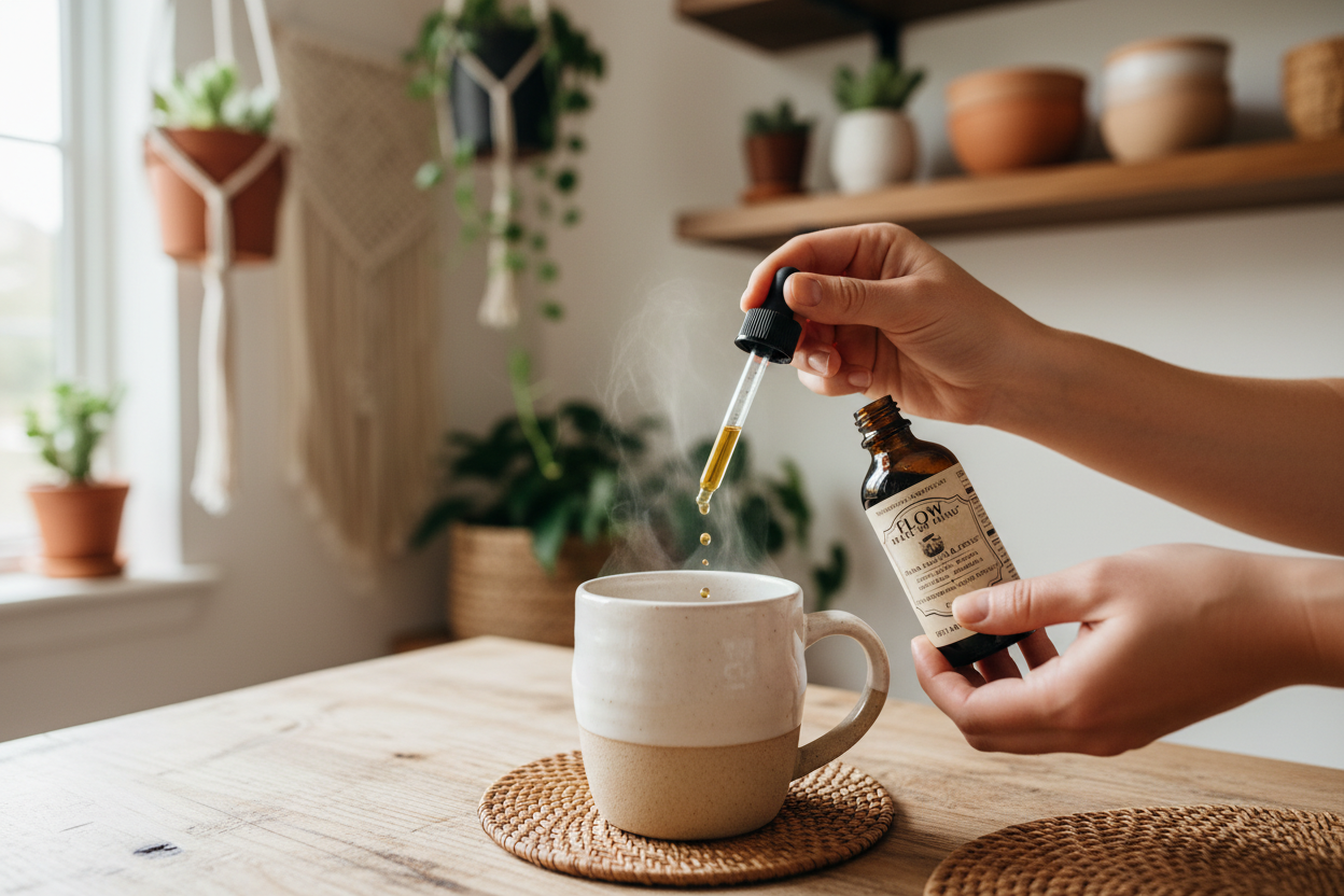 Flow tincture being added to coffee on boho countertop