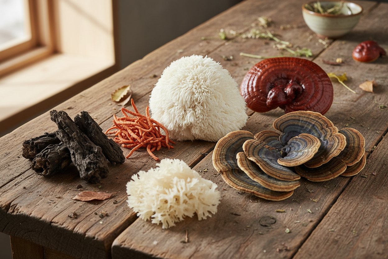 Medicinal mushrooms on rustic wooden table